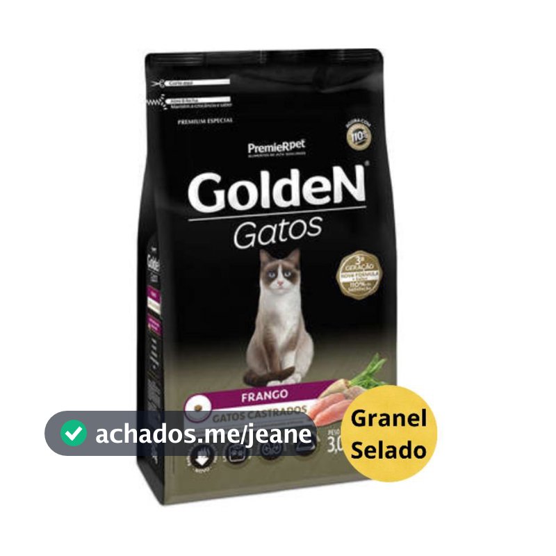 Ração Golden Gatos Castrados Frango ou Salmão 1kg ou 3kg | Granel Selado | Controle de Peso | Premium