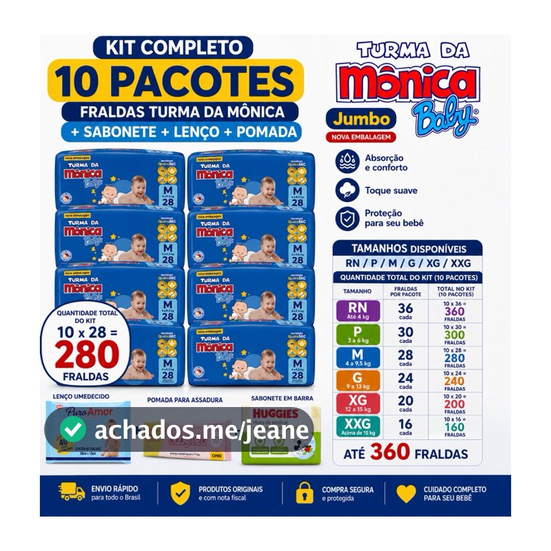 Kit 10 pacote de fralda turma mônica tamanho do RN ao XGG + sabonete + lenço umedecido