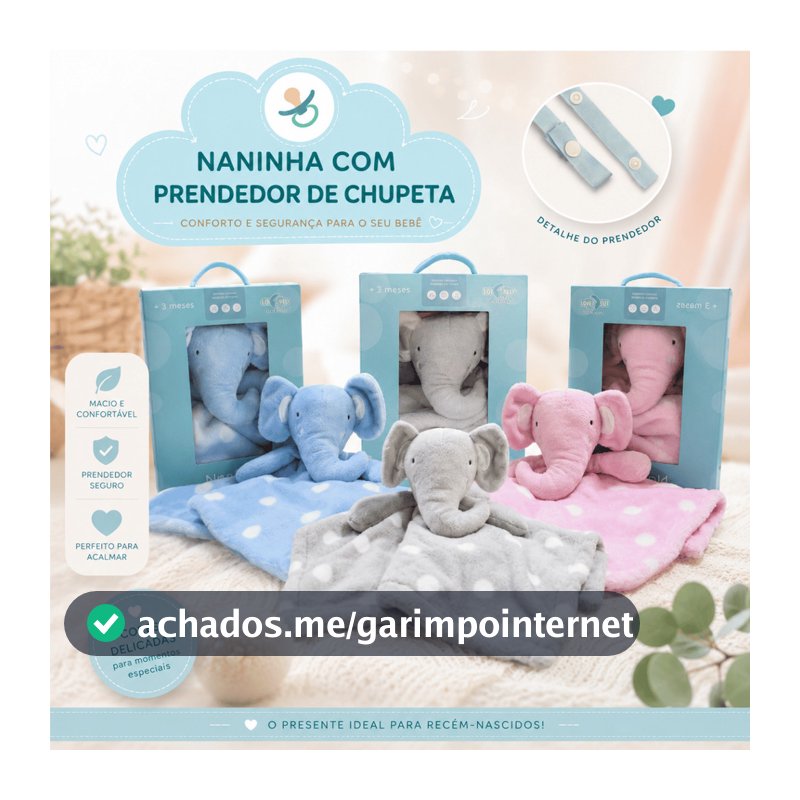 Naninha Bebê com Prendedor de Chupeta - Safari Elefante - 36 x 36 cm - Conforto para seu bebê Aconchegante