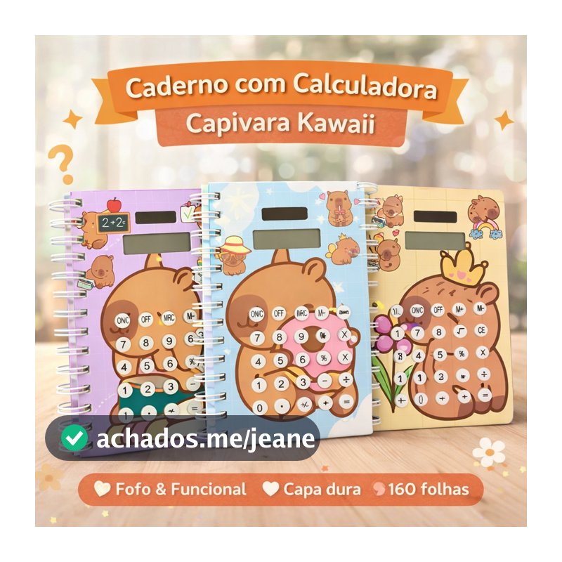 Caderno com Calculadora Solar Integrada Capivara Kawaii 160 Folhas Capa Dura Anotações Escolar