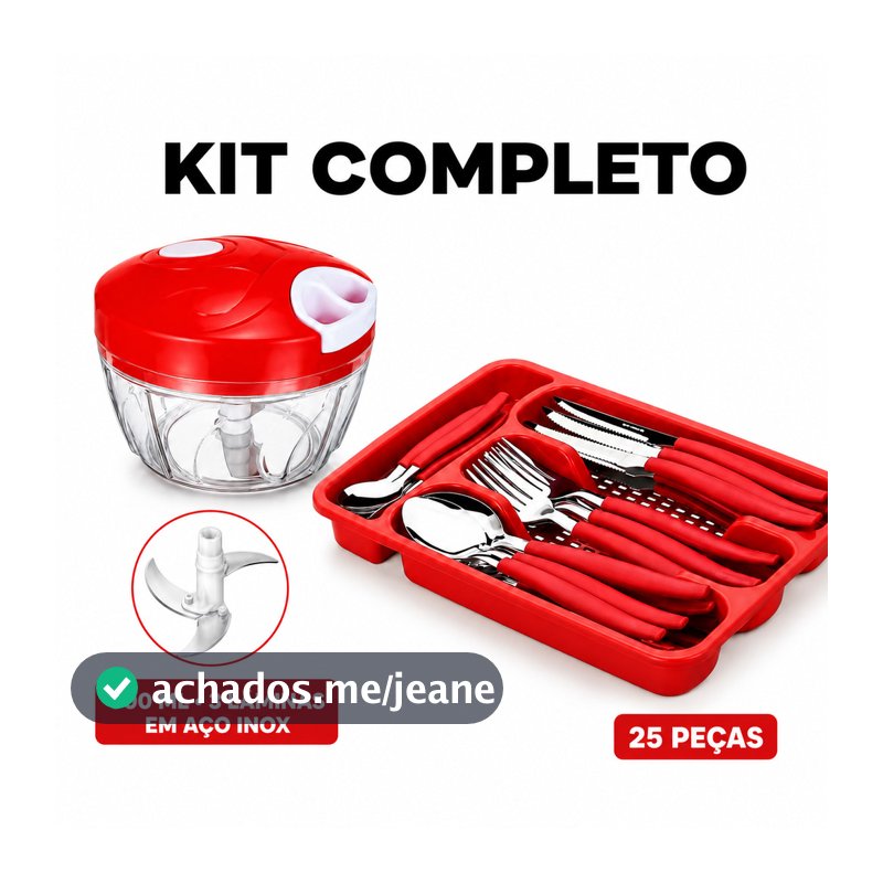 Kit Jogo de Talheres 25 Peças com Organizador e Processador Manual 500ml 3 Lâminas em Aço Inox