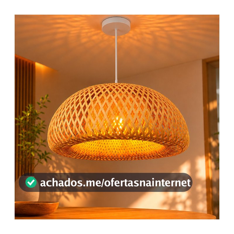 Luminária de Teto Lustre Pendente Bambu Malibu Rústico 35cm Fio Branco Trançado Artesanal Natural