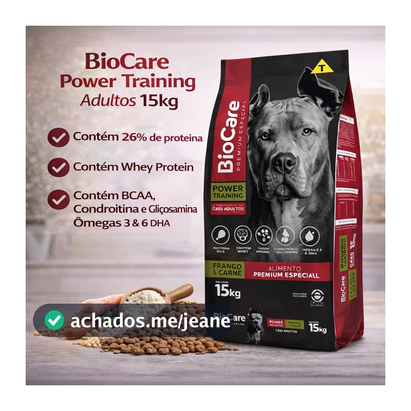 Ração Biocare Cachorro Adulto Premium 15kg Power Training 26% Proteína Frango e Carne