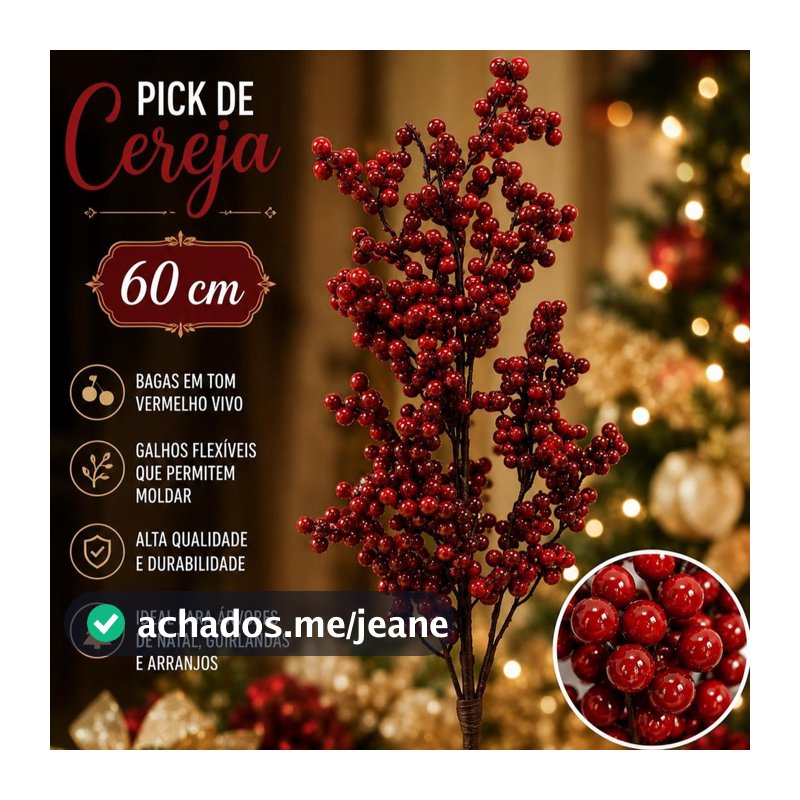 Galho Frutas Vermelhas 60cm Artificial Decoração Arvore de Natal