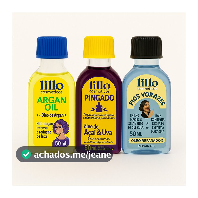 Kit 3 Variados Óleo Capilar Lillo Cosméticos Argan Oil, Açaí e Uva, Fios Vorazes, Argan e Frutas 50ml Hidratação Intensa