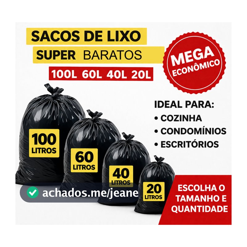 Saco de Lixo 100L - 60L - 40L - 20 Litros resistente Preto Cozinha Banheiro