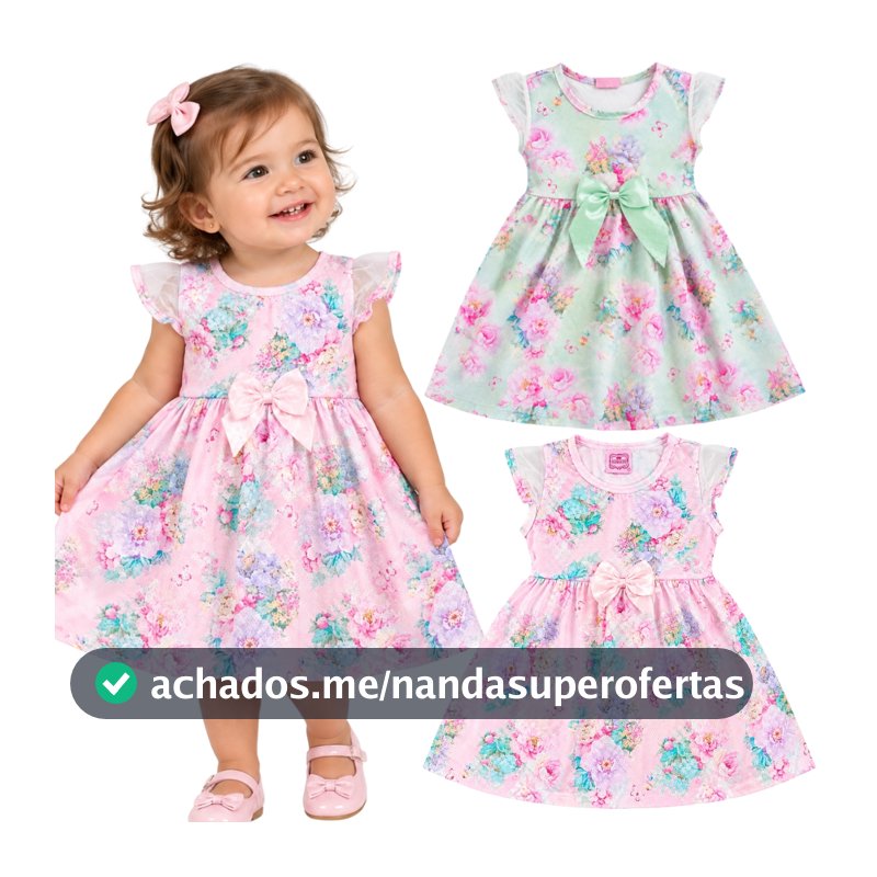 Vestido Infantil Menina Floral com Laço na Cintura e Manga de Tule Tamanho 1-2-3 | Vestido Bebe | Roupa Infantil Menina