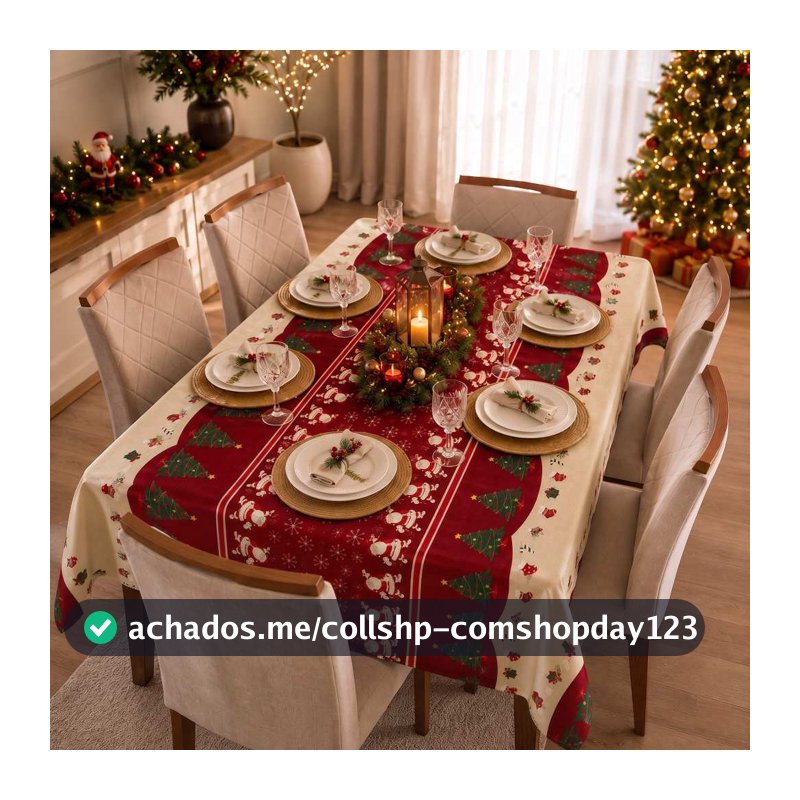 Toalha de Mesa Natal 2,00x1,40 Decoração Para Mesa 6 Cadeiras Oxford Com Bainha