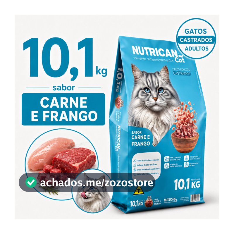 Ração Para Gato Castrado Adulto 10,1kg Sabor Carne Frango 28g Proteína Sem Corante