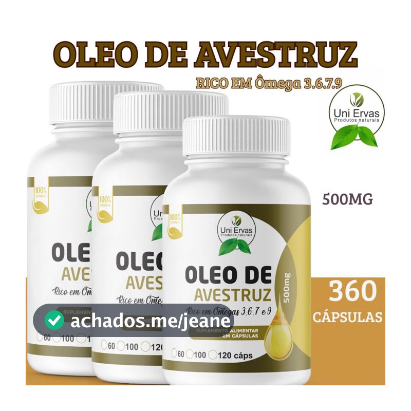 Suplemento Oleo de Avestruz Rico em Ômega 3.6 e 9 120 Cápsulas 500mg