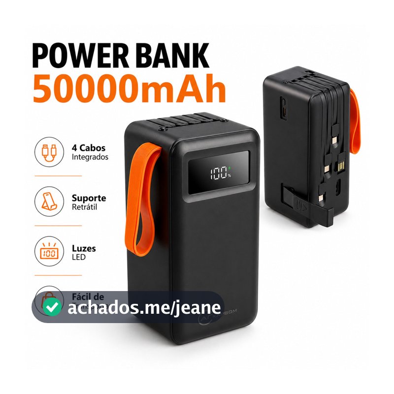 Power Bank 50000mAh Turbo 22.5W PD com Cabos Integrados 4 em 1 e Lanterna LED – Carregamento Rápido