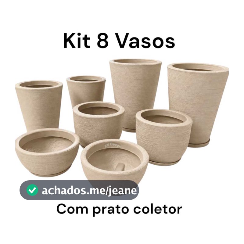 Kit 8 Vasos Em Polietileno Escovado Para Plantas ou Flores