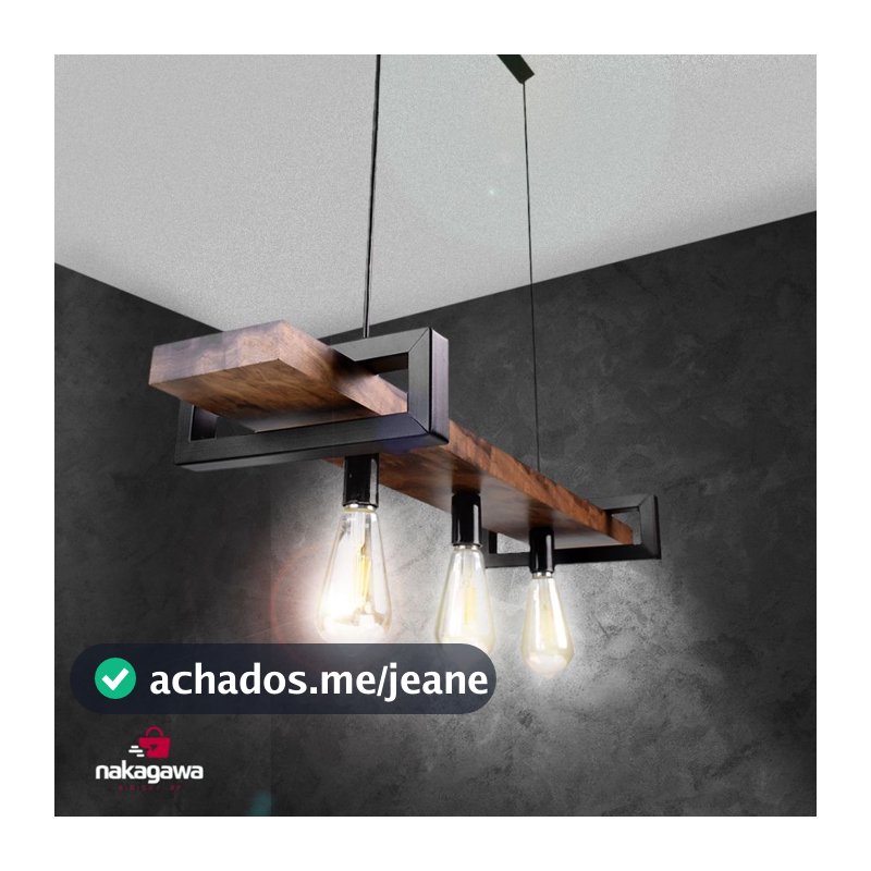 Luminaria Metal e Madeira 79x25cm 3 Lampadas