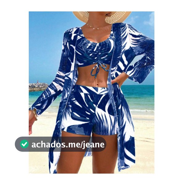 Conjunto de Maiô de 3 Peças Biquíni Feminino Estampa de Folhagem Bordo Tropical Moda Praia, Shorts+ Saída de Praia