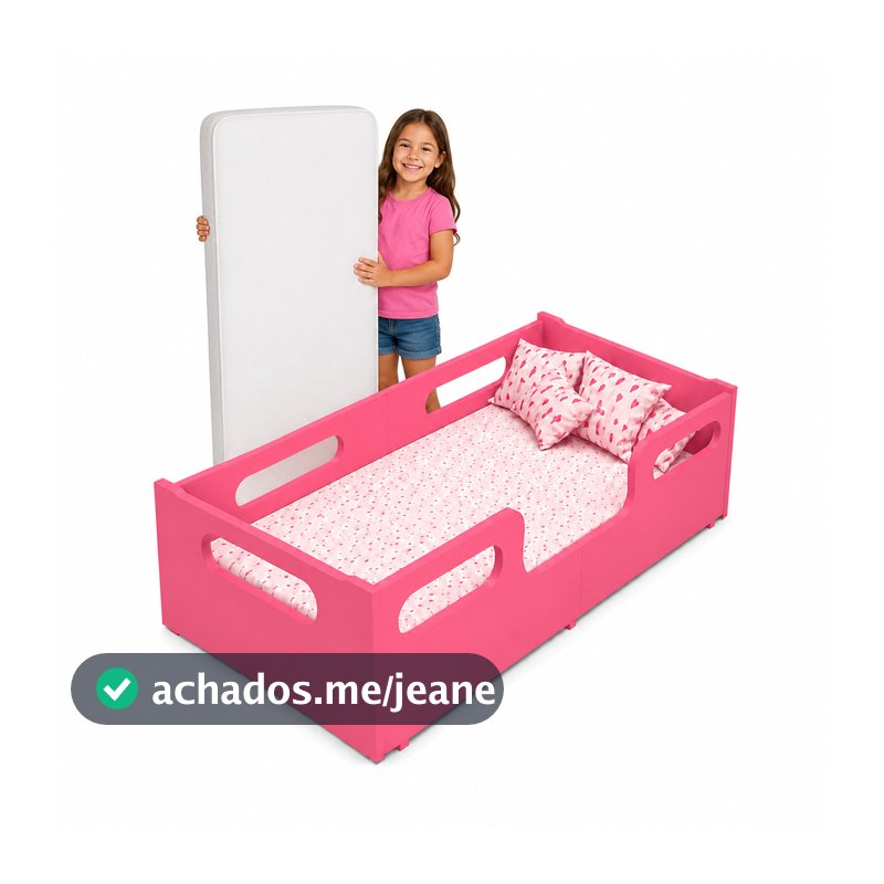 Cama Encanto Rosa + Colchão Montessoriana Infantil Segura Grade Proteção Quarto Da Criança Juvenil Moderna Resistente