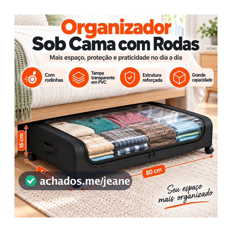 Organizador Sob Cama com Rodinhas Tampa Transparente Caixa Organizadora Multiuso para Roupas Sapatos Cobertores