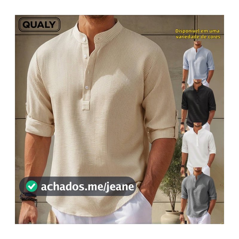 Camisa Manga Longa Masculina Blusa Social Estilosas Solta Casual Waffle Bata Com Colarinho Meio Botão - QUALY
