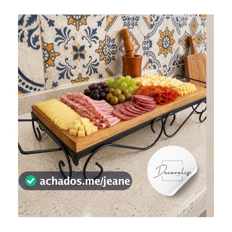 Bandeja Grande rústica de madeira com pés de ferro 40cm x 25cm Cantinho do Café, lavabo, área gourmet - ENVIO IMEDIATO