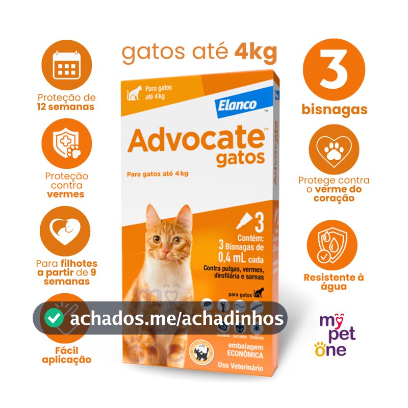 Advocate Elanco 0,4 mL para Gatos até 4 Kg - 3 Bisnagas