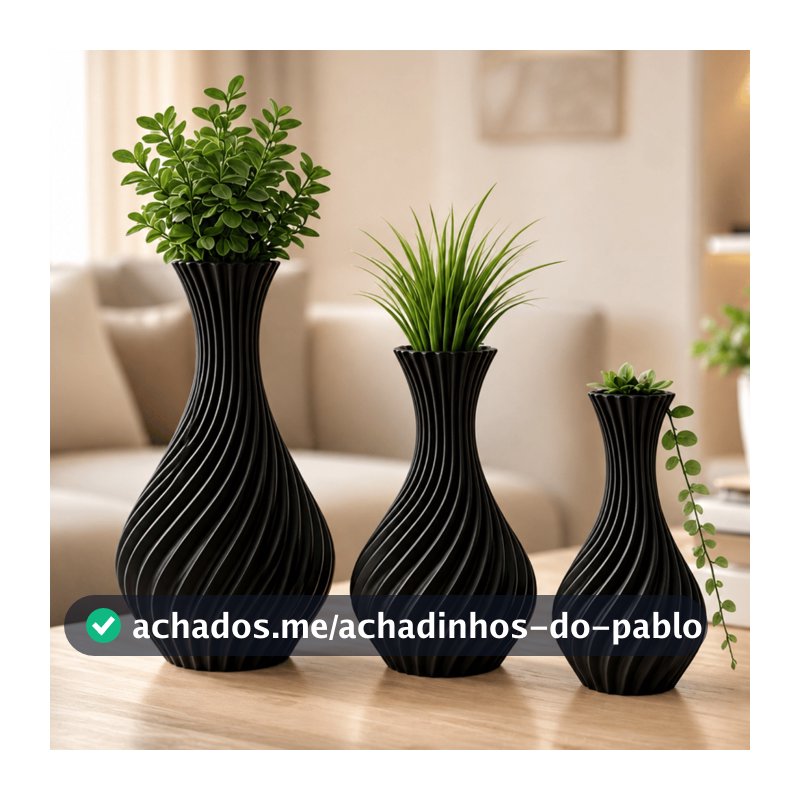 Kit 3 Vasos Decorativos Preto em Espiral Decoração Moderna para Sala e Estante