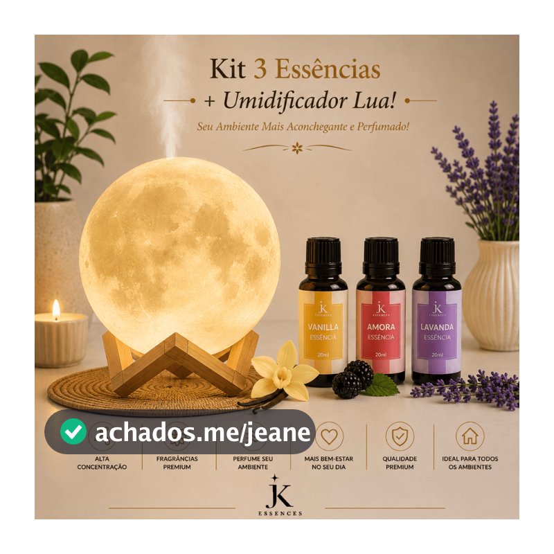 Umidificador de Ar e Luminária Lua LED Aromatizador + 3 Óleos Essenciais 3em1 Difusor de Ar