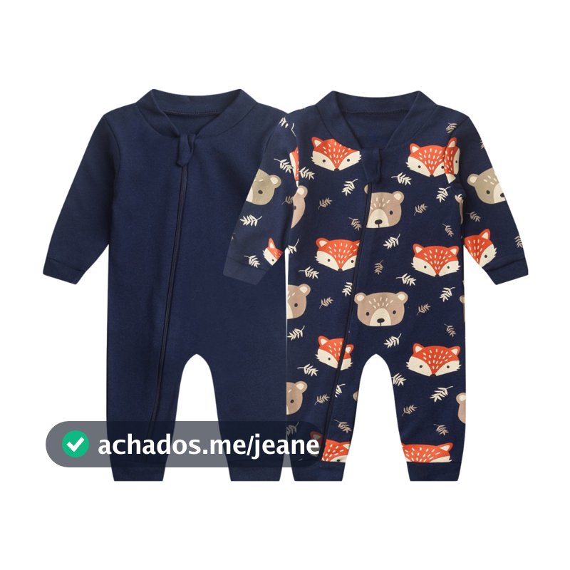Kit 2 Macacão Bebê Zíper Frontal Suedine Liso e Estampado Sem Pé Enxoval para Bebês Menina, Menino e Unissex (RN/P/M/G)