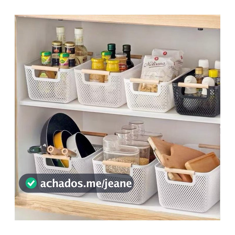 Cesto  plástico Organizador Para Frutas Telado Retangular Branco  preto Fruteira Com Alça De Madeira multiuso