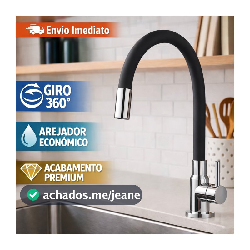 Torneira Gourmet Cozinha Flexível 360° Preta Bancada Mesa Silicone Com Arejador Alta Pressão