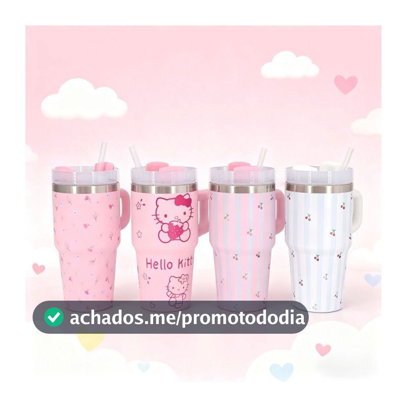 Copo Garrafa Térmico Inox Portátil 600ML 1200ML Com Canudo Alça Desenho flores Gatinho para Crianças