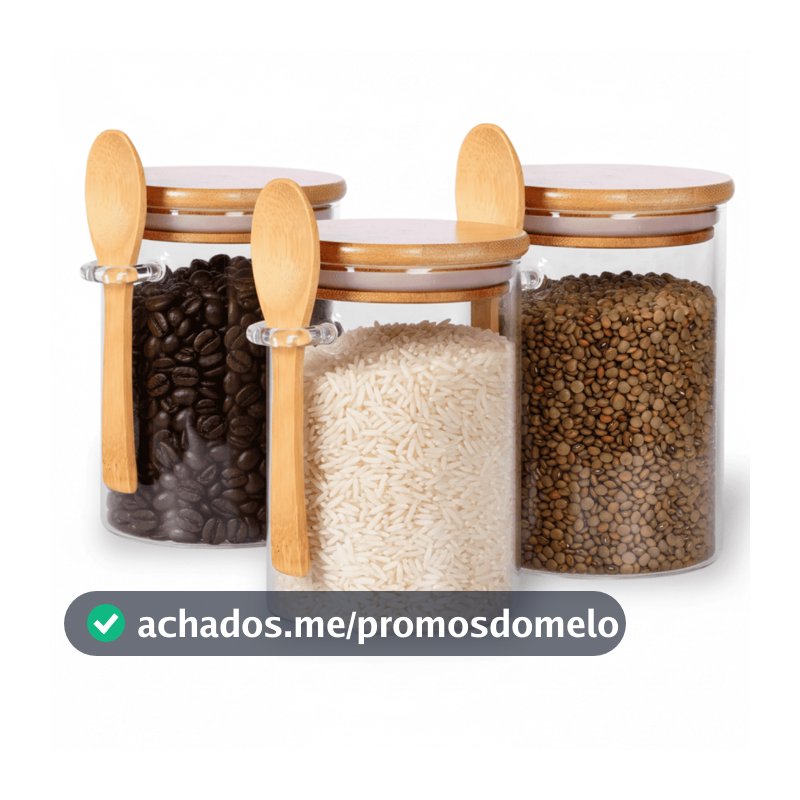 Pote Hermético De Vidro Colher em Bambu 970ml 750ml 550ml Redondo