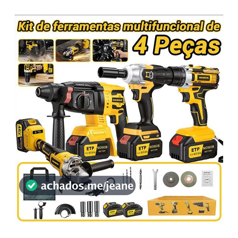 Kit 4 em 1 Ferramentas Sem Fio 48V Furadeira Martelete Chave Impacto Esmerilhadeiracom 2 Baterias Maleta Plást