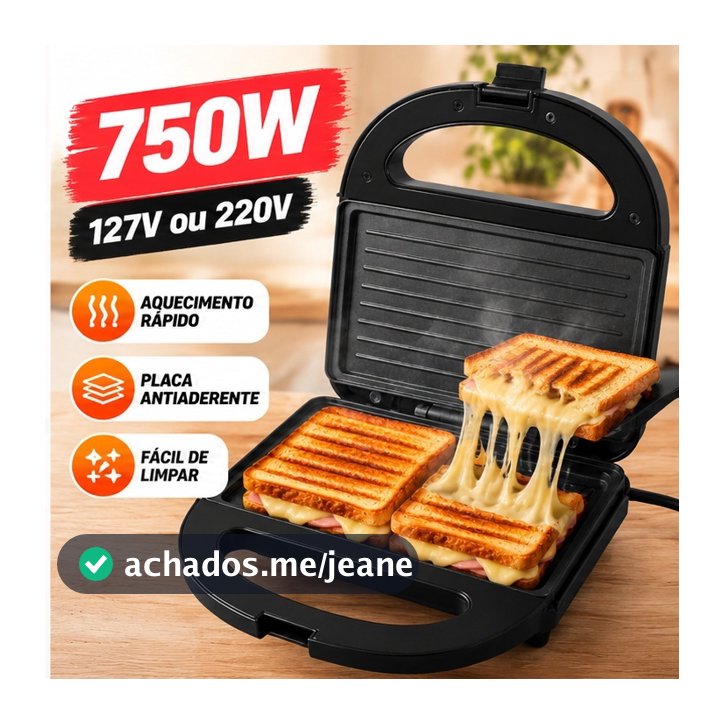 Sanduicheira Grill Elétrica 750W Antiaderente Koti Preta Faz 2 Sanduíches Rápido 110V ou 220V