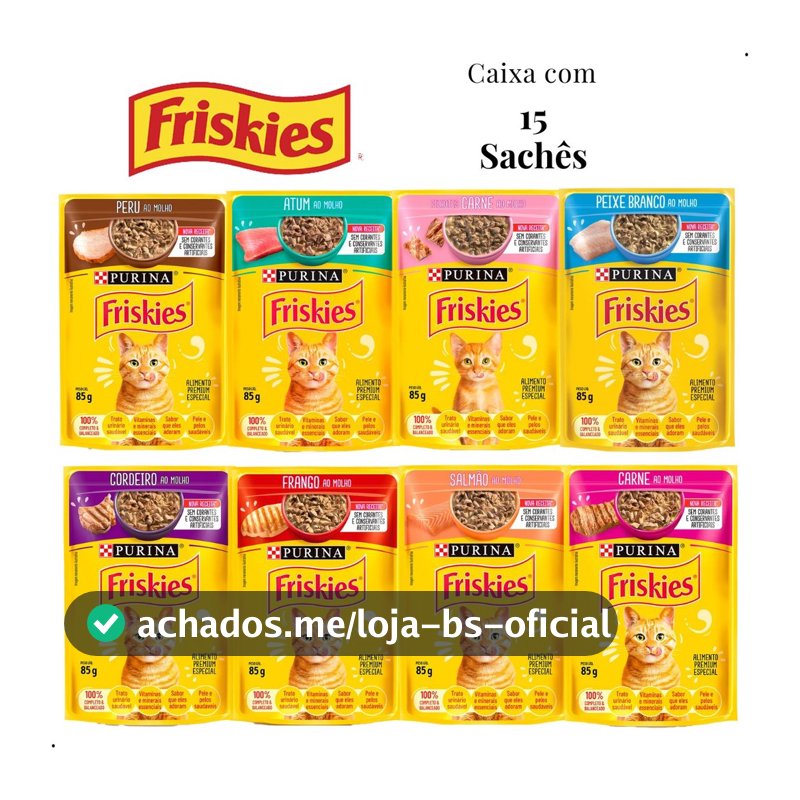 Kit 15 unid Sachê Friskies Alimento Úmido Gatos Carne Frango Atum Peixe Branco Cordeiro Salmão Peru