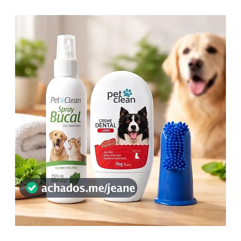 Pet Clean Pasta de Dente + Spray Bucal + Dedeira para Cachorros e Gatos Previne Mau Hálito