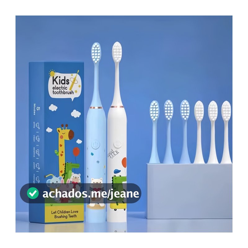 Escova de Dentes Elétrica Infantil Recarregável Bivolt USB + 4 Refis 500mAh 22cm Ultra Macia DKL