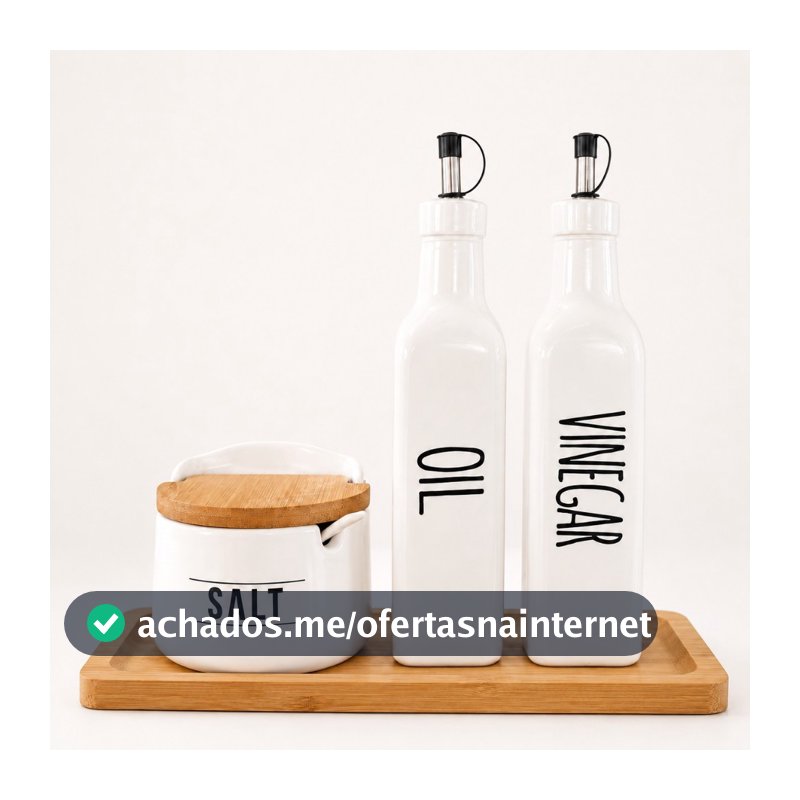 Kit Galheteiro Saleiro Vinagreiro Azeiteiro Suporte de Bambu Branco de Vidro Sal Azeite Vinagre Oleo