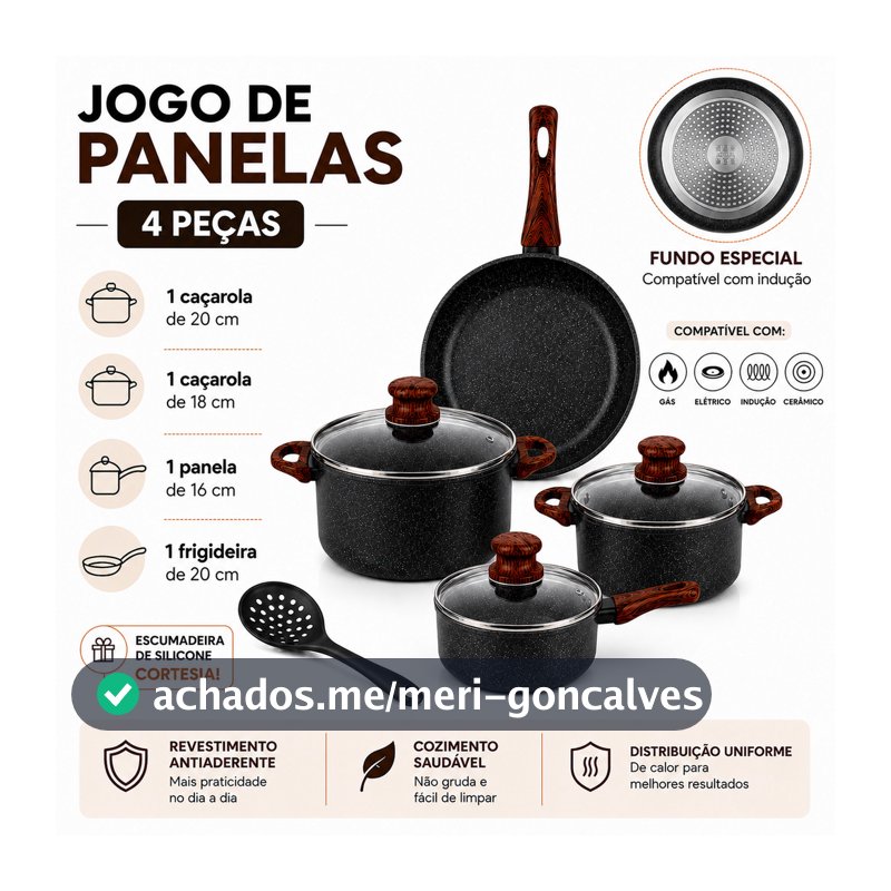 Jogo de Panelas 4 Peças Cerâmica Indução Antiaderente Presente Casamento Mãe Cortesia Escumadeira