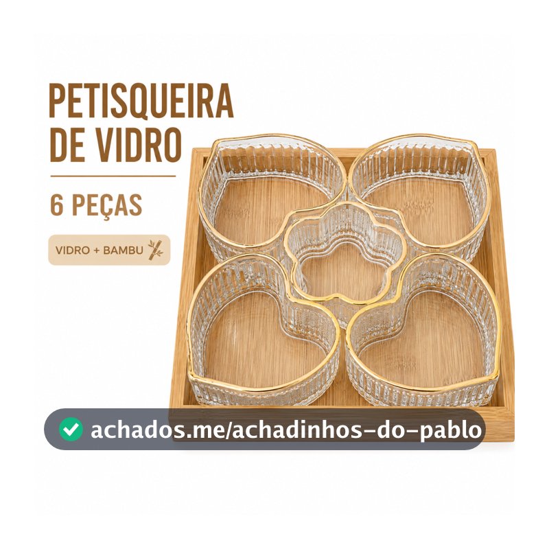 Petisqueira de Vidro 6 Peças com Bandeja de Bambu Tigelas Coração e Flor para Petiscos Doces e Frutas【Festa Halloween】