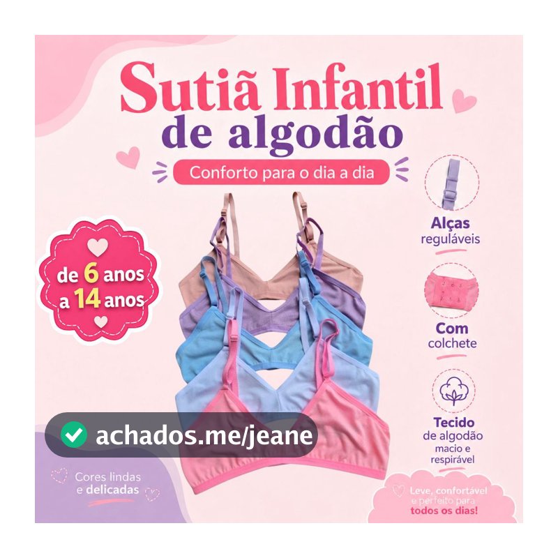 Kit Sutiã Juvenil Infatil Cotton Algodão Com Abertura Atrás