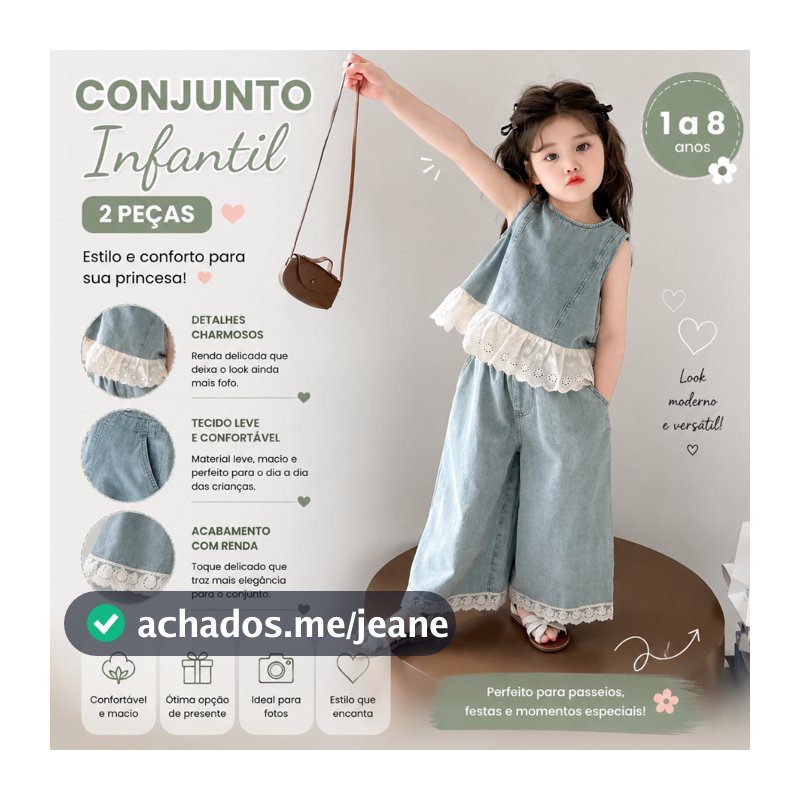 Conjunto Infantil Menina Jeans com Renda Blusa Regata e Calça Pantalona Estilo Coreano Verão Casual 2-8 Anos 🔥Hot Sale