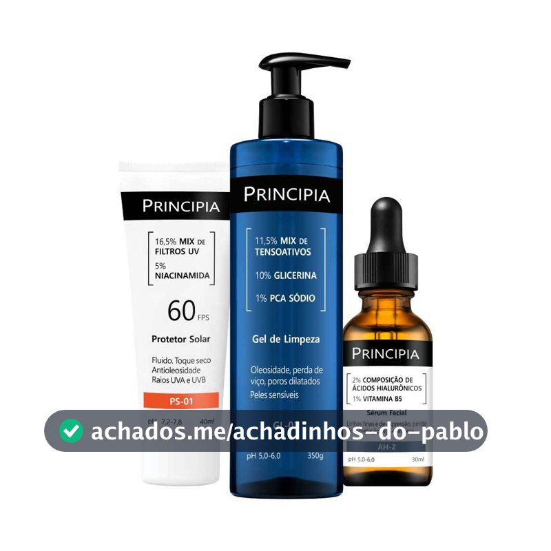 Principia Kit Primeira Rotina de Skincare c/ Gel de Limpeza GL-02 + Sérum Hialurônicos AH-2 + Protetor Solar PS-01 FPS60