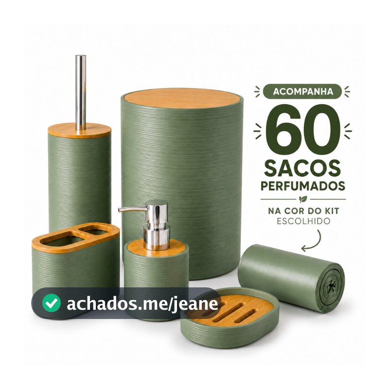 Kit Banheiro Lavabo 5 Peças Completo Lixeira Tampa Bambu Dispenser Porta Sabonete Saboneteira Escova