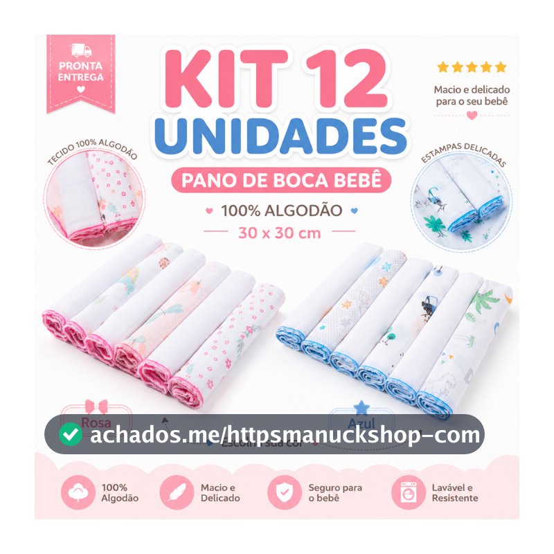12 Unidades Pano de Boca Bebe Fralda de Boca Babete 100% Algodão 30cm x 30cm