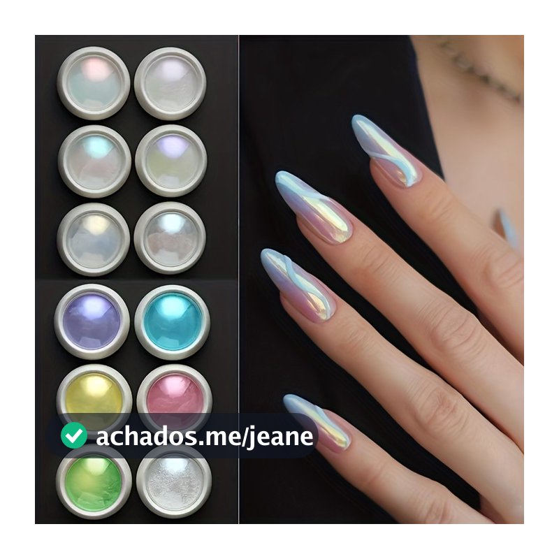 Kit 12 Cores Pó Cromado Aurora para Unhas – Efeito Espelho, Holográfico, Brilho Diamante