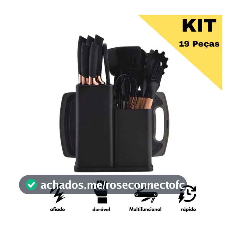 Kit Completo Jogo Utensílios de Cozinha Luxo 19 Peças Com Tábua em Silicone e Plástico Espátula Faca Tesoura