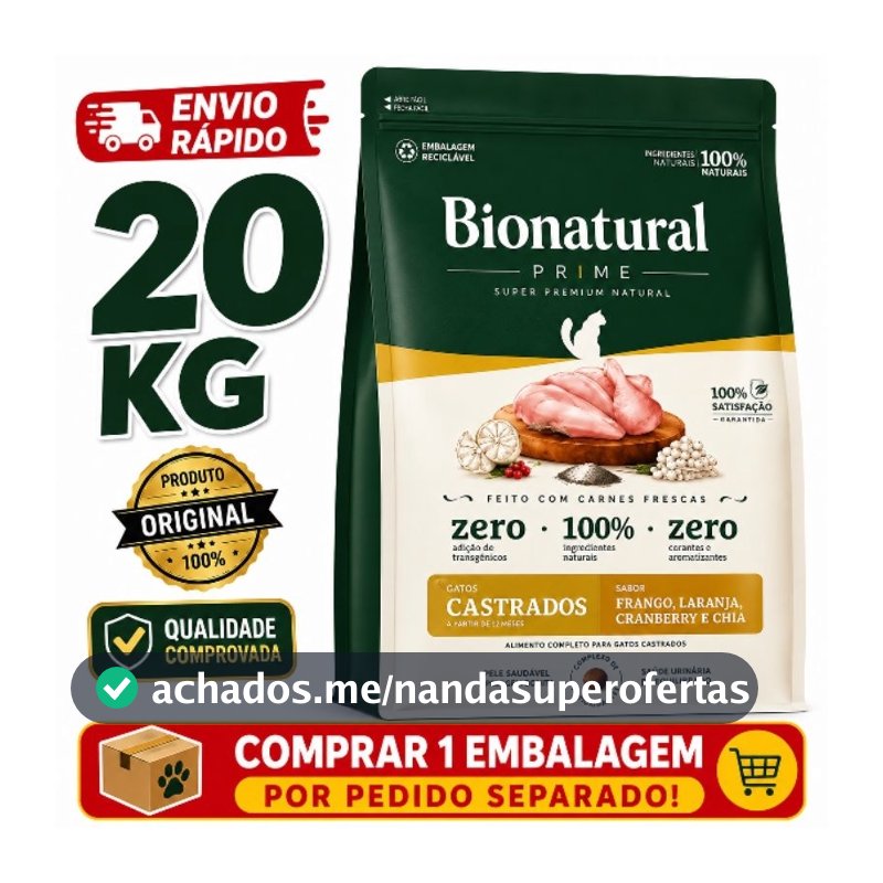 Ração Bionatural Prime Super Premium Gatos Castrados 20kg Frango Original Envio Rápido