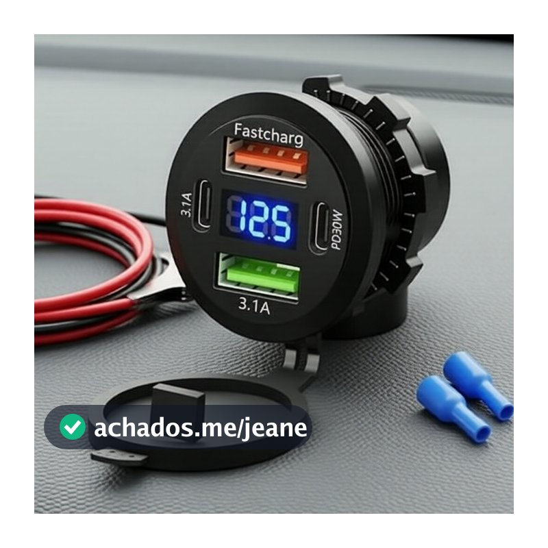 Tomada de Carro com 4 Portas de Carregamento Rápido USB e Tipo-C Duplo, Voltímetro, à Prova D'Água 12V/24V para Carro,