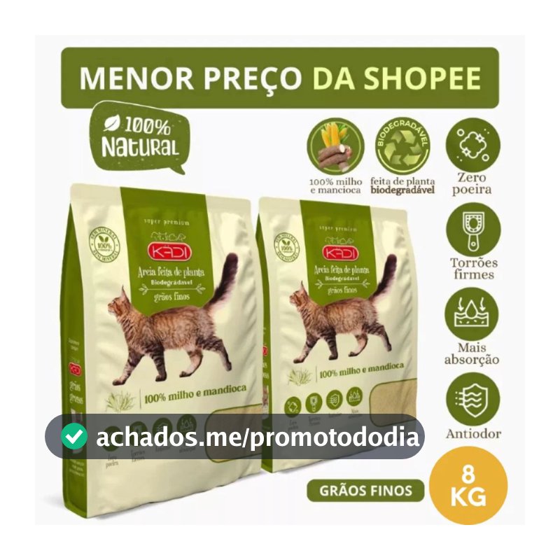 Areia Biodegradável Kadi Grãos Finos Gato 8 KG Grão Cat Bio Milho Mandioca (2 pacotes de 4 kg)