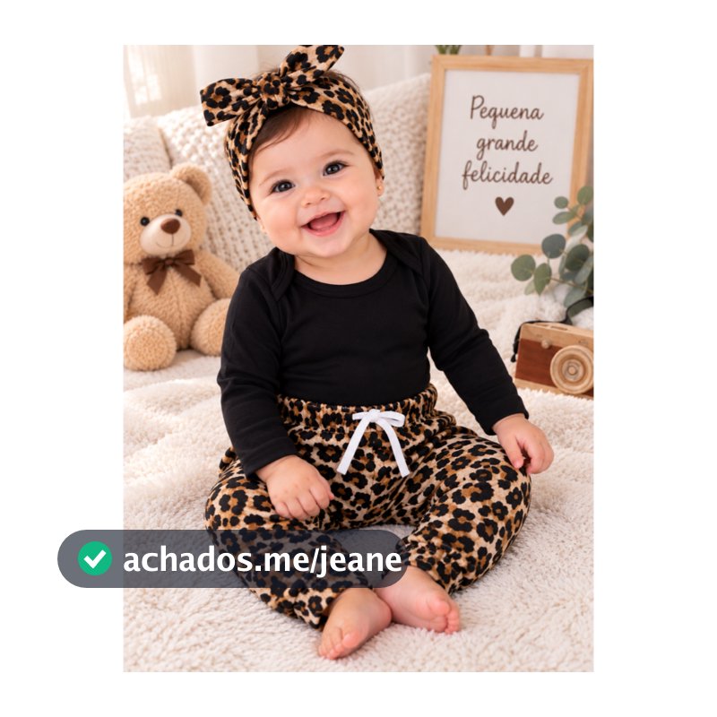 Conjunto Bebê Menina Frio Calça Fofa Body Longo Algodão Faixa de Cabelo roupinha conjuntinho onça