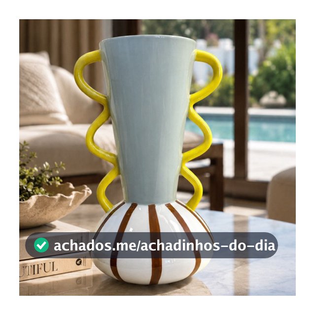 Vaso Decorativo em Cerâmica Listrado com Alças Onduladas Coloridas 25,5 cm